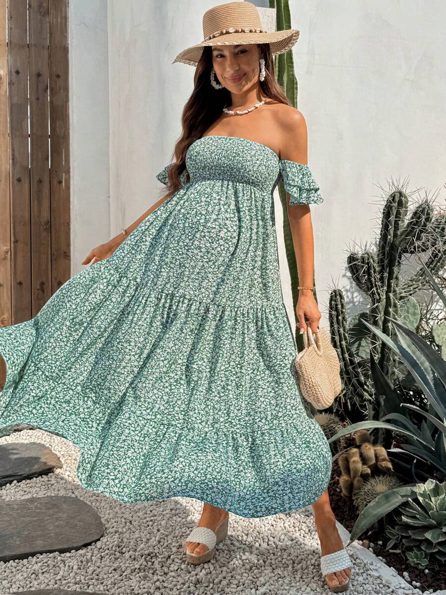 Boho Mama Maternity Casual Ditsy Floral One-Shoulder Dress - Green - View 1