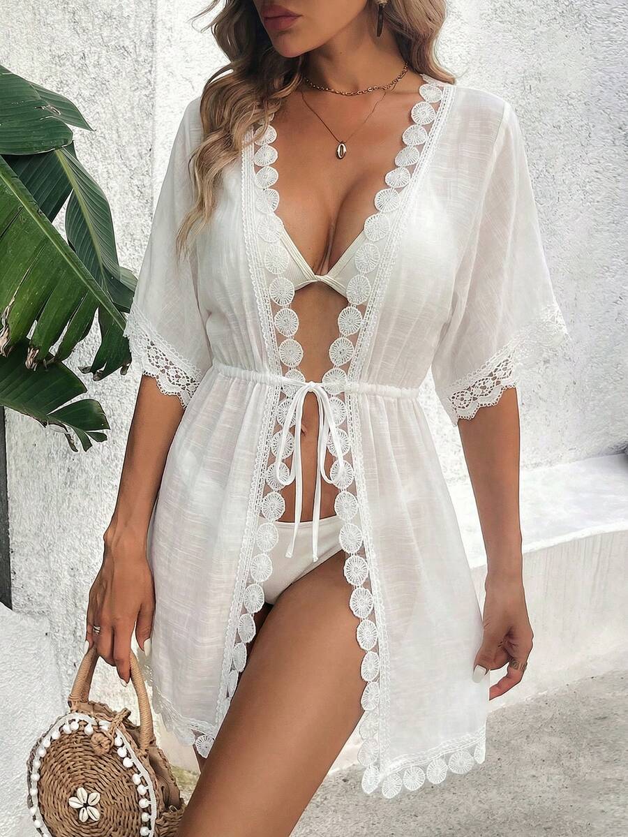 Swim Vcay 女士优雅蕾丝边罩衫，适合海滩、泳池、夏季度假 - 白色 - 查看 1