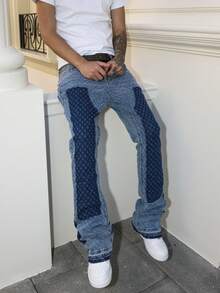 Manfinity LEGND 男士拼接提花蹄印修身弹力喇叭牛仔裤 - 淺色水洗藍 - 查看 5