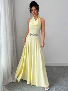 Elenzga Women's Spring/Summer Elegant Romantic Vacation Draped Neck Cinched Waist Dress, Suitable For Outings, New Year, Valentine's Day, Easter, Mother's Day, Middle Eastern Weddings, Workplace, Yellow Color - Light Yellow - View 4