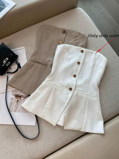 Franclia 女士新款优雅通勤复古抹胸单排扣腰背心，时尚亚麻西装背心，夏季外套上衣