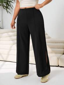 Solflare 春夏新款休闲宽松针织裤，侧开衩设计，适合户外、日常、派对、音乐节、返校、毕业典礼、度假、通勤、街头穿搭、婚礼、居家休闲、逛街、城市漫步等场合，大码，黑色 - 黑色 - 查看 3