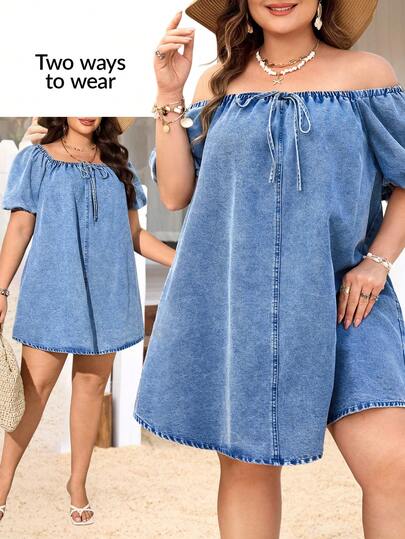 Breezaya 大码女式系带露肩休闲牛仔连衣裙，适合度假和旅行
