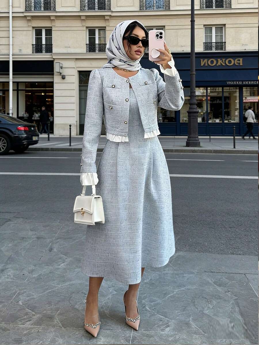 Elenzga Blue & White Patchwork Sleeveless Jacket With Button Pockets, Elegant Casual Commuter Dress - Blue - View 1