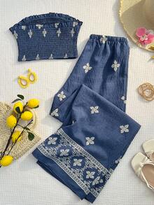 Sunnyshic Women's Blue Printed Bandeau Crop Top With Frill Trim And Drawstring Waist Loose Pants, Summer European And American Elegant Sexy Romantic Beach Vacation 2-Piece Set - Blue - View 2