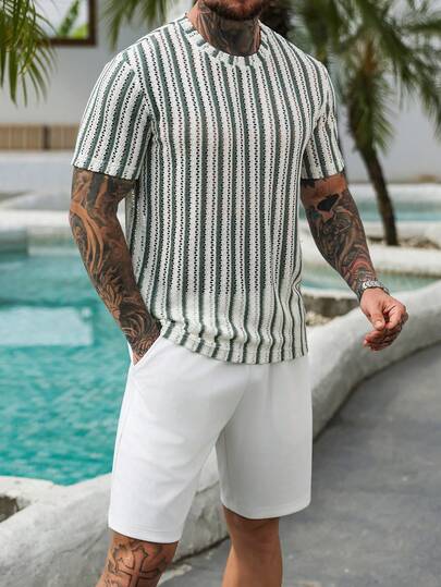 Manfinity Homme Men's Striped Crew Neck Short Sleeve T-Shirt And Shorts Casual Set