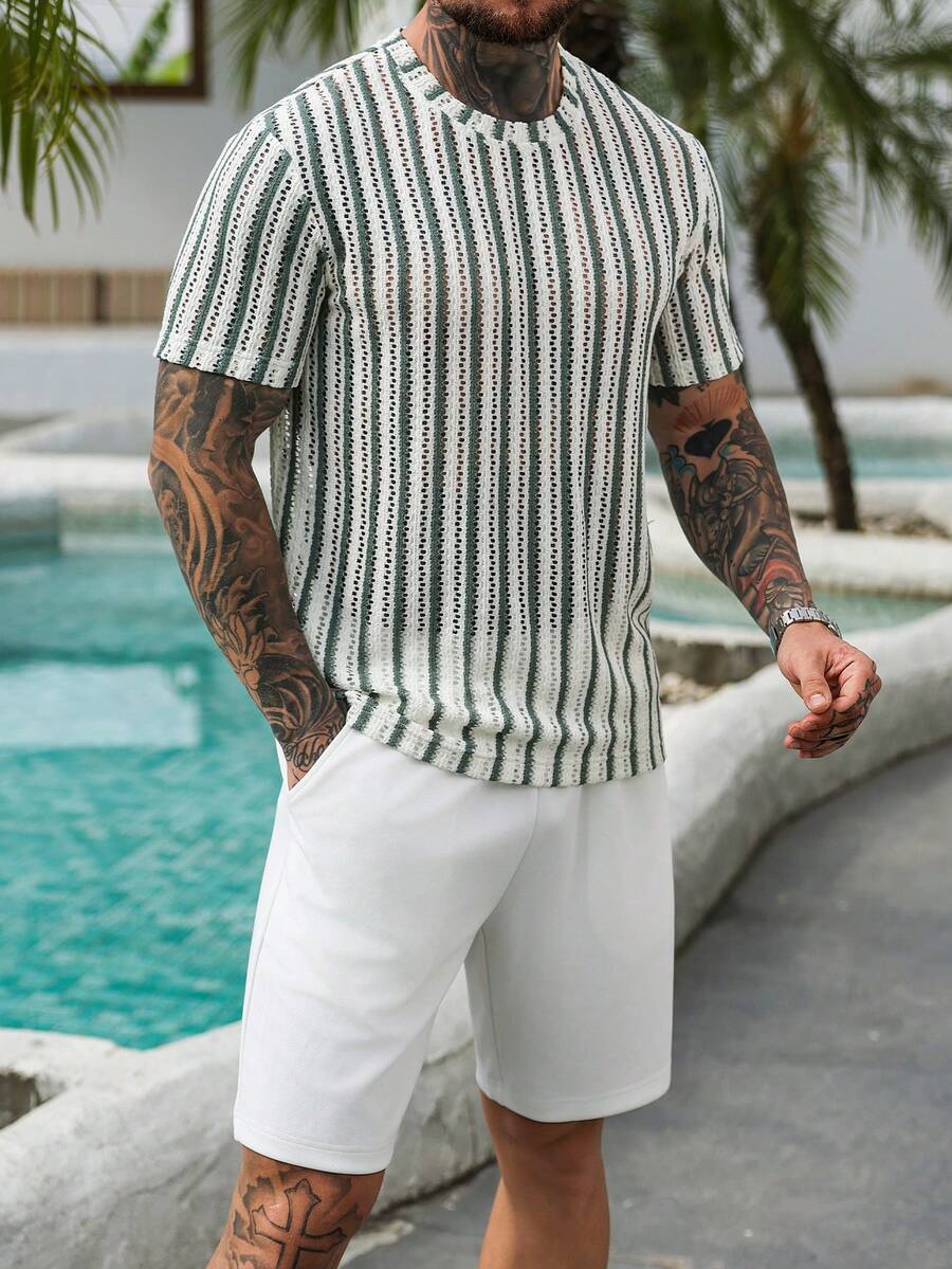 VENTUSAIL Men's Striped Crew Neck Short Sleeve T-Shirt And Shorts Casual Set - Multicolor - View 1