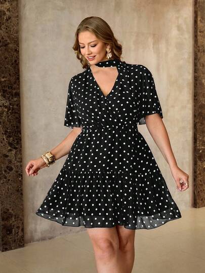 Roveilla Plus Size Women V-Neck Polka Dot Fashion Date Party Dress