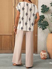 EMERY ROSE Women's Elegant Pleated V-Neck Apricot Short Sleeve Blouse - Multicolor - View 2