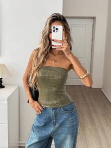 Easowa 绿色亮片装饰抹胸上衣，适合音乐节和派对等场合穿着。 - 軍綠色 - 查看 4