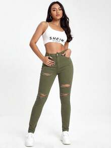 SHEIN ICON Black Slant Pocket Ripped Skinny Jeans Ripped Jeans For Women High Waist - Army Green - View 5