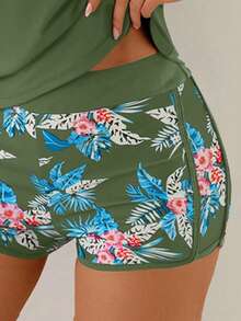 Swim Lushoire Spring Break Women Beach Vacation 3 Pieces Set : Floral Print Bikini & Crop Top - Army Green - View 5