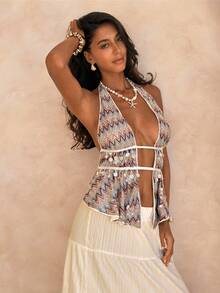 Glamine Women's Knitted Wavy Striped Beaded Tassel Halter Neck Vacation Tank Top - Multicolor - View 5