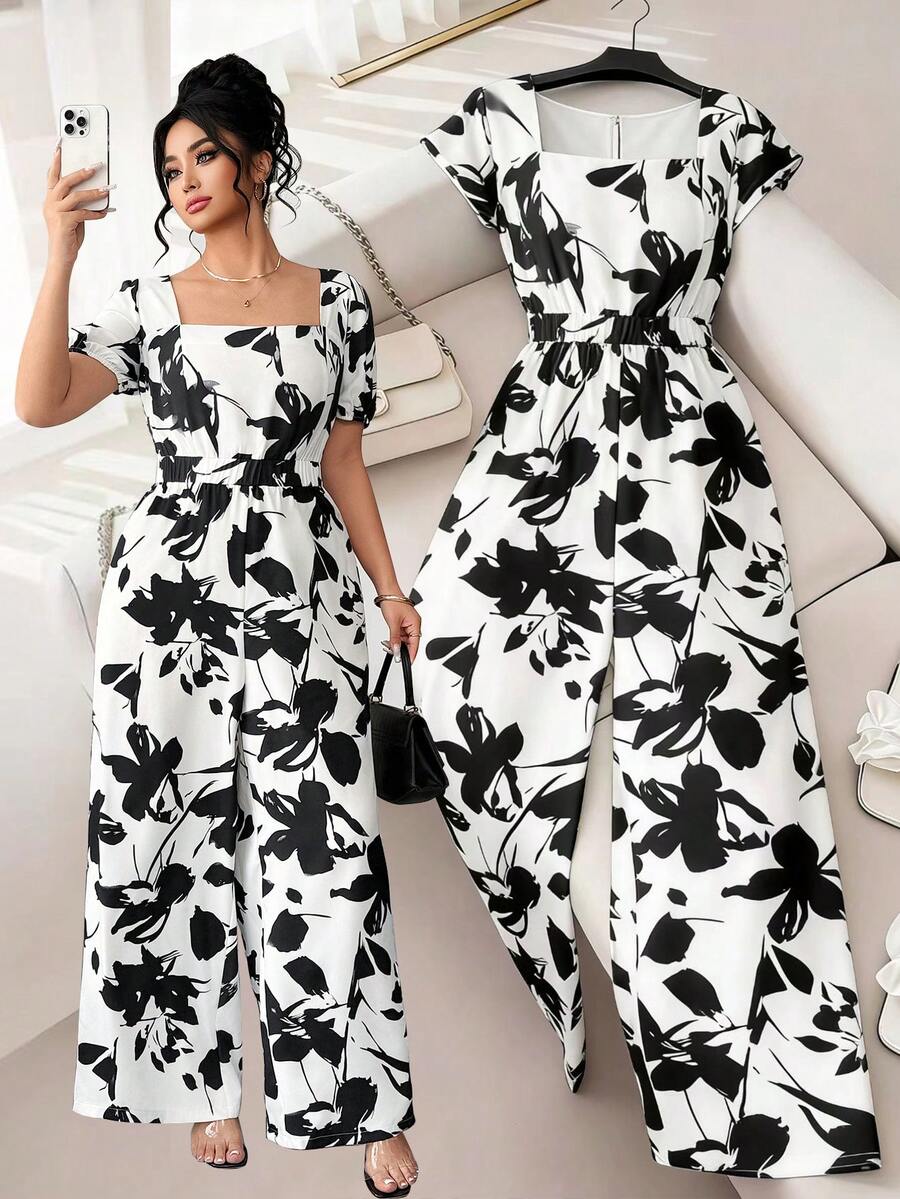 Elenzga 时尚休闲度假法式复古优雅通勤收腰印花连体裤 - 黑與白 - 查看 1