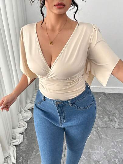 Elenzga Mono elegante con cuello en V, cintura fruncida y mangas con volantes para mujer talla grande, estilizador y encantador