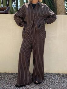 Strévra Bộ trang phục nghỉ hè kiểu miền Tây màu nâu, chất liệu denim kẻ sọc, dáng rộng, thoải mái gồm 2 mảnh dành cho nữ, thích hợp cho kỳ nghỉ hè. - Cà phê nâu - Xem 3