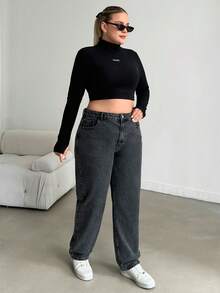 EURMUSE 100%Cotton Plus Size Straight Leg Jeans - Grey - View 4