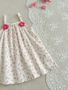 SHEIN 1件/女童春夏白色度假外出印花连衣裙，胸前饰有3D立体花朵装饰，A字裙 - 白色 - 查看 7