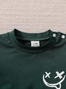 SHEIN Newborn Baby Cartoon Smiling Face Print Long Sleeve Top And Pants Set - Dark Green - View 4