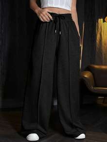 SHEIN PETITE Women's Drawstring Waist Casual Versatile Daily Wear Wide Leg Pants - Black - View 5