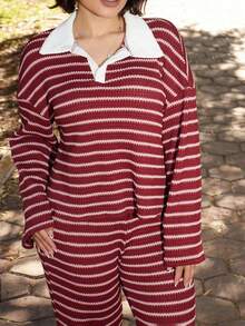Lupita Cardoza Women's 2pcs Set Loose Striped V-Neck Drop Shoulder Long Sleeve T-Shirt &Elastic Waist Striped Pants, Winter Sweater Suit ,Autumn/Winter Christmas Red New Year 2 Piece Lounge Sets Woman Two Piece Set Women Comfy Lounge Wear Striped Set, Christmas Pajamas Family,Fall,Fall Clothes For Women Casual Spring Valentine's Day - Red - View 3