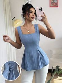Elenzga New Spring/Summer Elegant Vintage Blue Tie-Up Waist Square Collar Sleeveless Blouse, Suitable For Vacation And Work - Blue - View 2