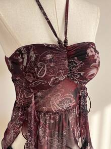 Attitoon Burgundy Summer Paisley Printed Knit Mesh Beaded Spaghetti Strap Camisole Top,Boho Women's Vacation Corset Gothic Top,Festival Chic Daily Wear Tops - Coffee Brown - View 6