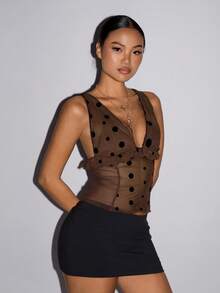 SHEIN ICON Y2k Women's Brown Going Out Sexy Vacation Holiday Gown For Prom Night Club Concert Coachella Gyaru Polka Dot Print Mesh Sexy Fitted Camisole,Summer - Black - View 8