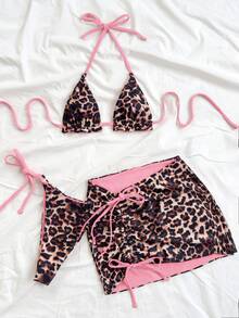 Soleia Women's Leopard Print & Red Color Bikini 3 Pieces Set , Vacation Beach Vacation Outfits For Women - Baby Pink - View 3