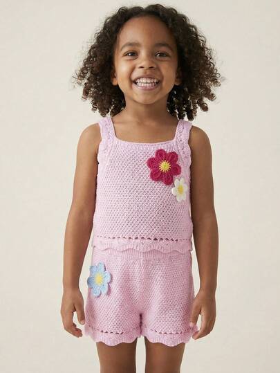 Maija Kids 2 piezas Conjunto de top de camisola de punto rosa y shorts con decoración floral colorida, estilo urbano elegante casual para niñas jóvenes, adecuado para volver a la escuela, uso diario casual, salidas, reuniones, festivales, primavera y verano