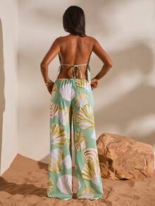 Opulessa Women's Chiffon Printed Halter Top & Loose Straight Leg Pants 2 Pieces Set, Spring/Summer Vacation - Green - View 2