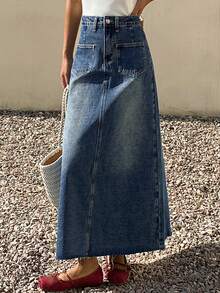 DAZY 女士休闲水洗白色口袋A字牛仔裙，春夏款 - 中等水洗藍 - 查看 6