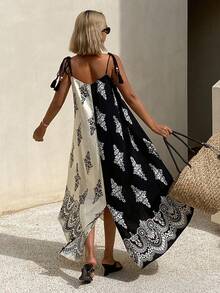 Livesso Women's Black And Cream Floral Summer Boho Beach Vacation Holiday Dress,Geometric Print Loose Strap Sundress With Beaded Tie-Up Details Casual - Black and White - View 3