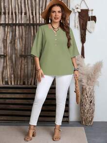 EMERY ROSE Plus Size Women's Solid Color V-Neck Casual Minimalist Short Sleeve Shirt, Suitable For Summer - Green - View 6