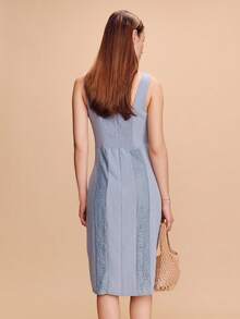 lacRébo V-Neck Satin Midi Dress With Lace Side Panels Spring Summer French Style Parisian Style Wedding Guest Dress - Blue - View 2