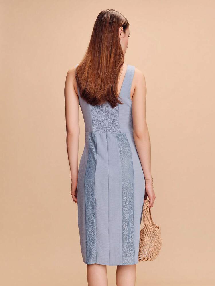 V-Neck Satin Midi Dress With Lace Side Panels Spring Summer French Style Parisian Style Wedding Guest Dress