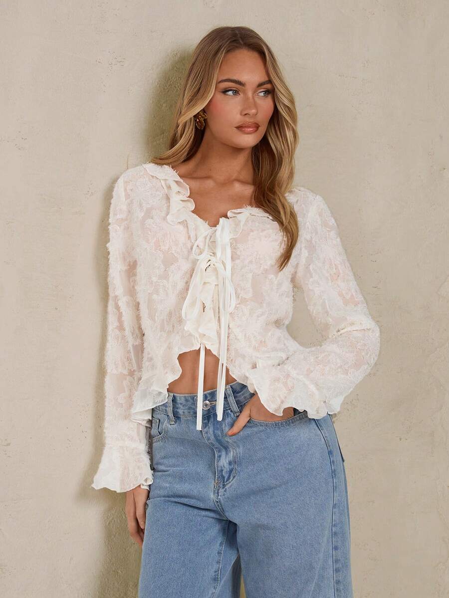 Glamine 女士优雅性感荷叶边雪纺提花长袖衬衫 - 杏色 - 查看 1