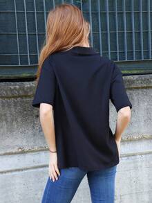 SILVIA DI SANTO 女士休闲商务部分纽扣前开襟polo领宽松短袖T恤老款，商务休闲女装，教师装 - 黑色 - 查看 2