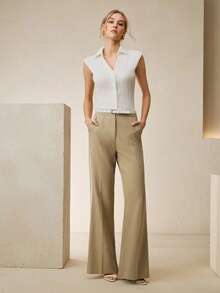 Anewsta 女士高腰阔腿西装裤，带口袋、缎带饰边、开衩裤脚、拉链装饰，垂坠感面料，休闲及办公皆宜 - 卡其色 - 查看 7