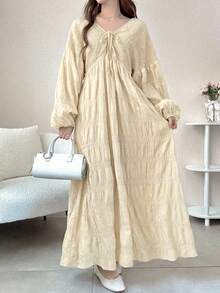 FRIFUL Women's Brown Textured Fabric Drawstring Tie Waist Dress, Long Dress For Autumn Outings - Beige - View 5