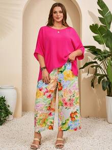 EMERY ROSE Plus Size Casual Solid Color Batwing Top And Floral Print Pants 2-Piece Set - Multicolor - View 3