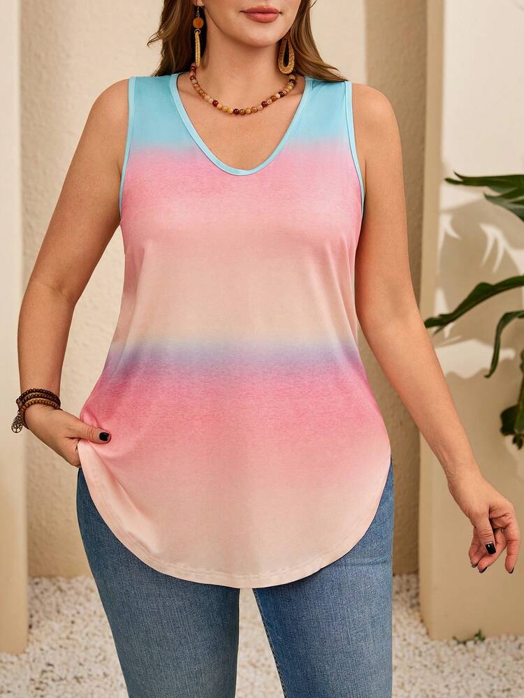 Plus Size Women Chic Sleeveless V Neck Tank Top For Women Gradient Color Summer Outfit Fashion Summer Blouse Summer Outfit For Plus Size Women Festival Outfits For Plus Size Women Beach Outfits For Plus Size Women Vacation Outfits Plus Size  Women Country Concert Outfit  Boho Outfit