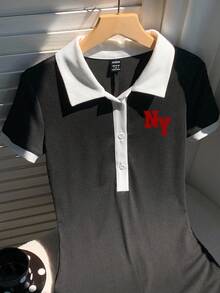 Attitoon 休闲简约学院风 Polo 领撞色黑白 NY 红色字母印花图案女式连体裤，适合初秋穿着，百搭风格，复古风、性感风、可爱风、Y2K 椰子女孩波西米亚嬉皮风、音乐节风，适合春季穿着。 - 黑色 - 查看 5
