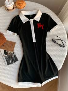 Attitoon 休闲简约学院风 Polo 领撞色黑白 NY 红色字母印花图案女式连体裤，适合初秋穿着，百搭风格，复古风、性感风、可爱风、Y2K 椰子女孩波西米亚嬉皮风、音乐节风，适合春季穿着。 - 黑色 - 查看 7
