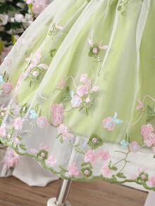 SHEIN Glamorique Kids Baby Girl Green Summer Elegant Princess Floral Mesh Puff Sleeve Dress For Toddlers Flower Girl Party Flower Embroidery Dress - Olive Green - View 7
