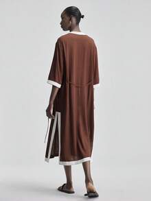 Ontre 2026 SS Linen Blend Midi Dress,White And Brown Colorblock V-Neck 3/4 Sleeve Straight Dress,Summer Minimalist Daytime Holiday Casual Elegant Commute - Brown - View 5