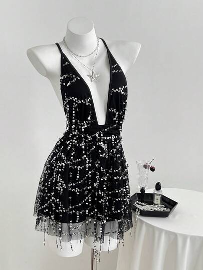 Elamini Sexy Sassy Fringed Sequin Sheer Mesh Criss-Cross Deep V Backless Jumpsuit, Fitted A-Line, Spring/Summer