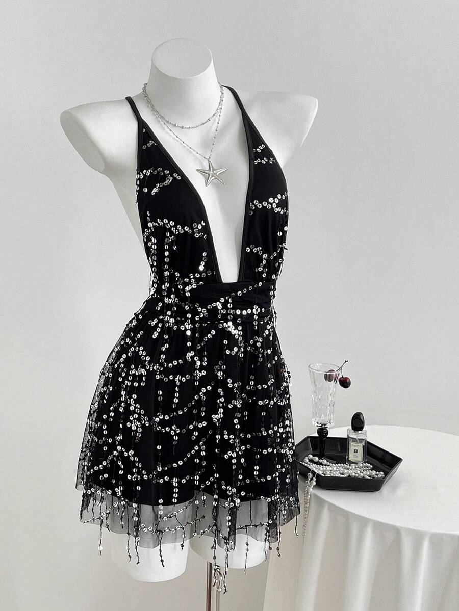 Elamini Sexy Sassy Fringed Sequin Sheer Mesh Criss-Cross Deep V Backless Jumpsuit, Fitted A-Line, Spring/Summer - Black - View 1