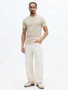 SUMWON Short Sleeve Crew Neck Horizontal Striped Knit T-Shirt Casual Everyday Wear Summer Spring Essential Men's Basic Tee Comfortable Regular Fit Plain - Apricot - View 6