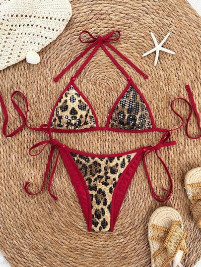Swim SXY 2026 Spring/Summer Red Spaghetti Strap Halter Sequin Leopard Print Patchwork Red Beaded Swimwear Two Pieces Set, Suitable For Beach Party, Sexy Vacation